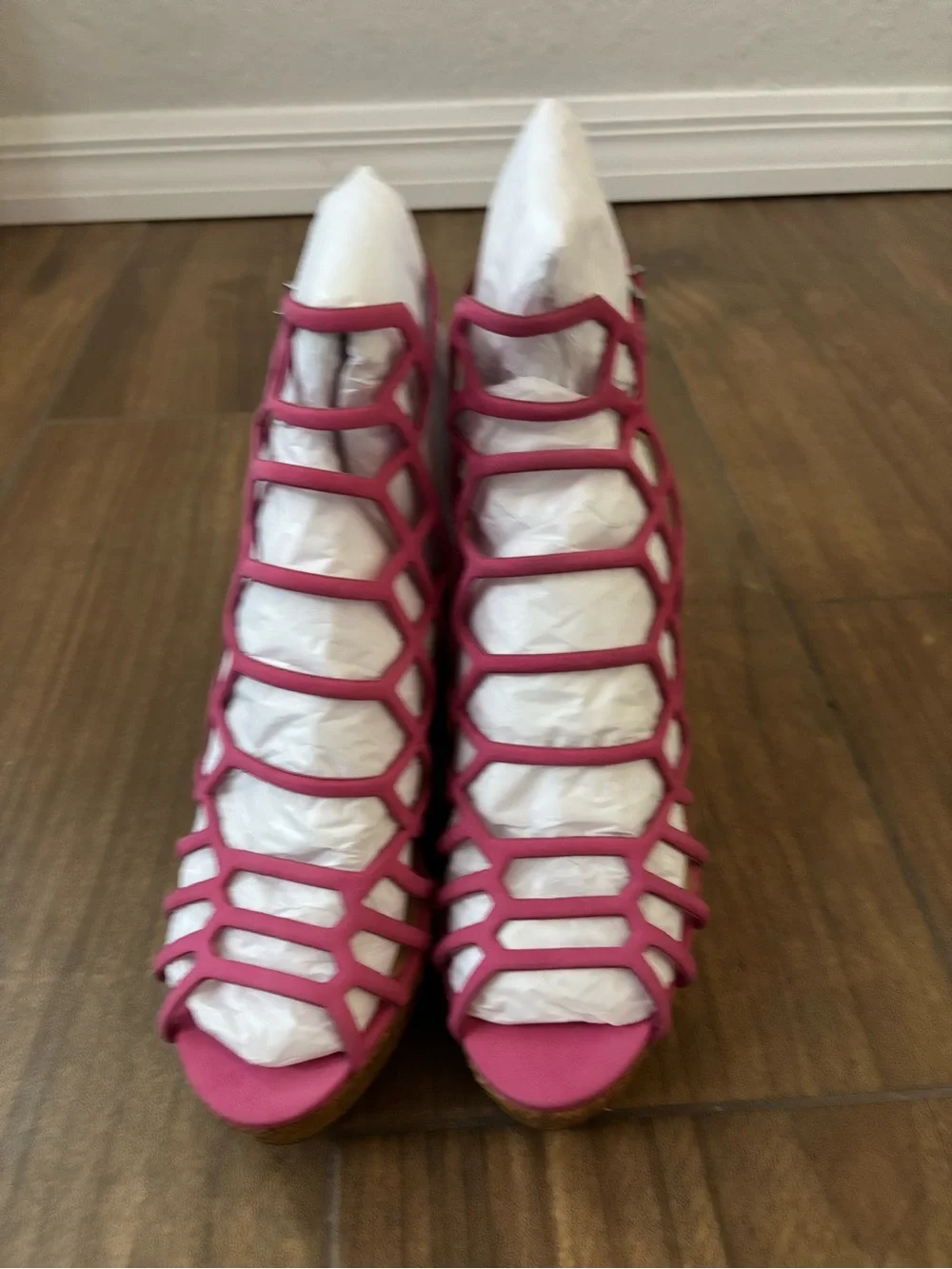 Schutz Marlyn Pink Espadrille Wedge Caged Open Toe Heeled Sandals